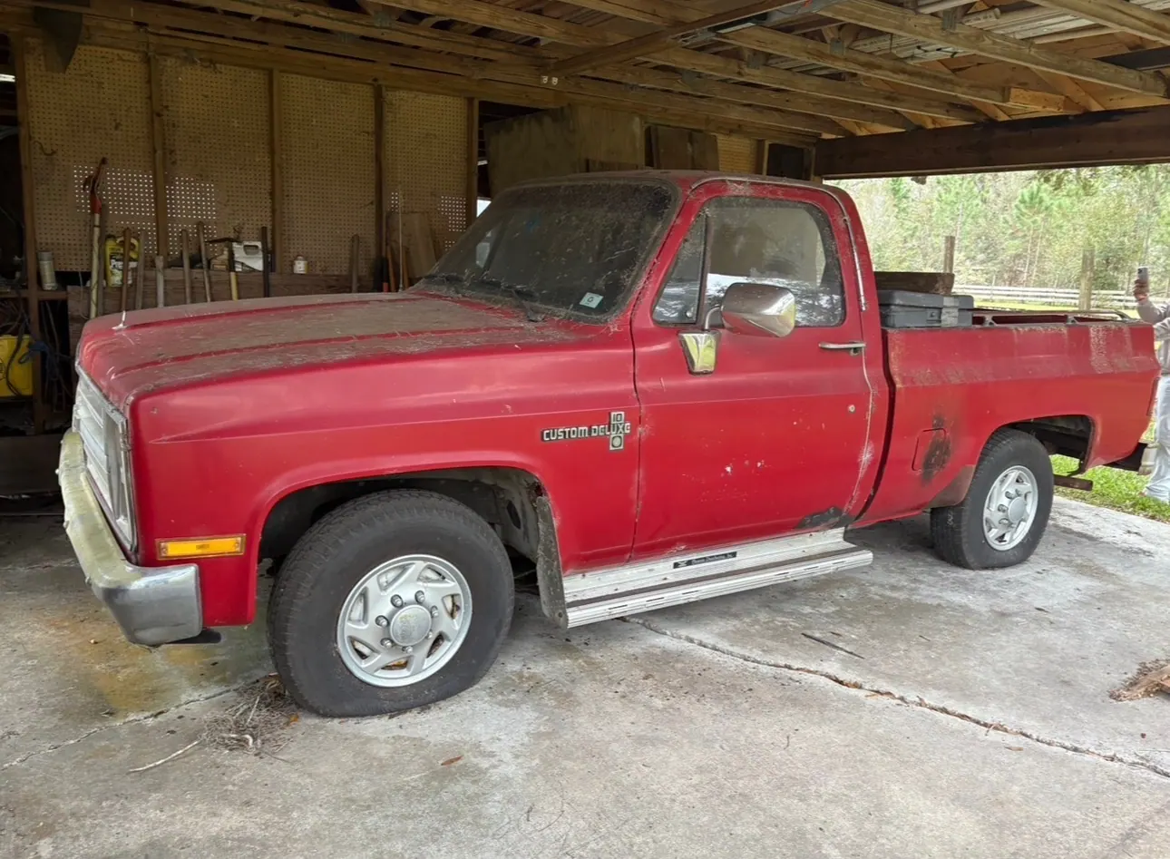 1986 Chevy C10 Custom Deluxe square-body pickup bought for cash out of a pole barn in Central Florida