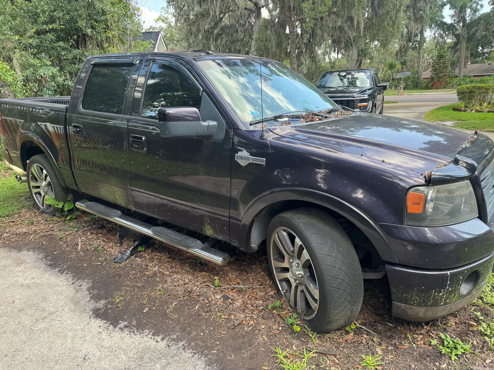2007 Ford F-150 Harley-Davidson edition with flat tires and moss, bought for cash as it sat
